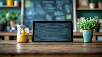 e learning concept tablet computer on wooden desk teacher writing on blackboard front view image