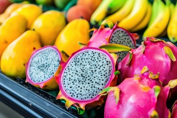 Aufkleber - Colorful display of exotic tropical fruits at a supermarket with dragon fruit, mango, and papaya arranged beautifully on a vibrant shelf