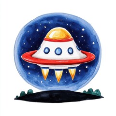 Wall Mural - A colorful illustration of a UFO flying above a dark landscape, surrounded by stars in a night sky.