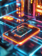 Fototapete - Futuristic digital checkout with smartphone scanning QR code in glowing augmented reality interface