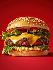 Aufkleber - Delicious cheeseburger with melted cheese, fresh lettuce, and tomato on a sesame bun against a vibrant red background inviting appetites