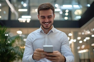 Joyful man uses phone inside office at workplace. Company employee types messages on smartphone and browses internet pages, social networks.