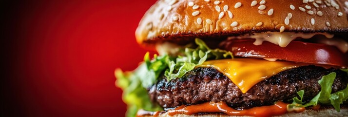 Aufkleber - Juicy cheeseburger with melted cheese, fresh lettuce, and tomato on a sesame bun set against a vibrant red background