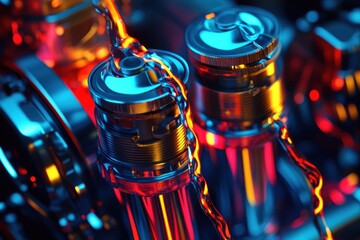 Aufkleber - Close-up view of a high-tech engine piston with gasoline flowing, highlighted with neon red, yellow, and blue colors