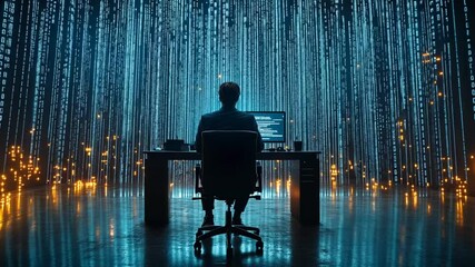 Businessman coding at a computer, digital data background