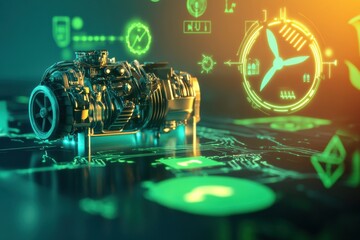 Poster - Creative display of a powerful engine with contrasting symbols of petrol and renewable energy in vibrant colors