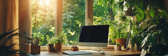 Leinwandbilder - Cozy home office with wooden desk and large window overlooking lush green forest during warm sunlight hours