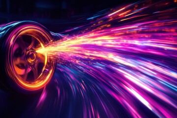 Poster - Glowing car wheel creates vibrant neon trail during high-speed motion at night