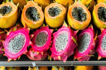 Aufkleber - Colorful supermarket shelf displays exotic tropical fruits like dragon fruit, passion fruit, mango, and papaya in vibrant natural tones