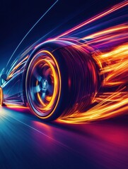 Poster - Glowing car wheel creates vibrant gasoline trail in high-speed motion at nighttime in a dynamic abstract background
