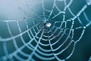 Highlights detailed craftsmanship of a spiderweb embellished with a droplet of dew displaying delicate threads shimmering droplet and harmonious partnership between spider and its environment
