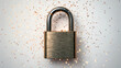 © MP-AI - Cybersecurity Data Breach Financials concept. A metallic padlock resting on a textured surface with scattered sparkles.