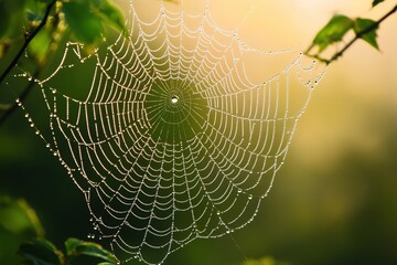 Nature's breathtaking masterpiece, a spiderweb embellished with a glistening dew drop, epitomizes mesmerizing fusion of delicate fragility, captivating geometry, and awe-inspiring beauty