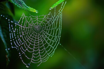Nature's breathtaking masterpiece, a spiderweb embellished with a glistening dew drop, epitomizes mesmerizing fusion of delicate fragility, captivating geometry, and awe-inspiring beauty