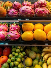 Poster - Colorful supermarket shelf filled with tropical fruits including dragon fruit, mango, passion fruit, and papaya in natural tones