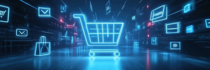 Poster - Digital transformation in online shopping with futuristic blockchain technology and glowing nodes for seamless transactions