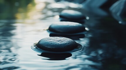 Poster - Smooth black river stones rest on a reflective surface, creating a tranquil minimalist atmosphere with soft lighting and deep contrast in nature