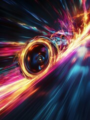 Poster - Glow of high-speed wheels creating vibrant trails of neon colors in a dynamic abstract background
