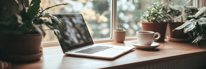 Aufkleber - Cozy Scandinavian home office with wooden desk, laptop, and natural light creating a tranquil workspace