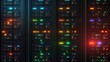 © pinporn manosri - Aerial view of a server rack with blinking lights and digital connections, offering space for design or text.