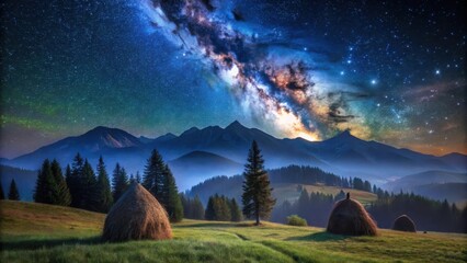 Wall Mural - Serene Night Landscape Hay Bales Under a Starry Sky with Majestic Mountains
