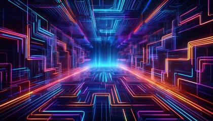 Wall Mural -  Code visualization as a neon wireframe maze, perspective view from above, leading lines into