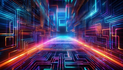 Wall Mural -  Code visualization as a neon wireframe maze, perspective view from above, leading lines into