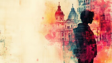 Sticker - silhouette of a person merged with a cityscape background