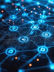 Leinwandbilder - Futuristic blockchain representation enhancing online shopping with glowing nodes and digital contract icons for seamless e-commerce transactions