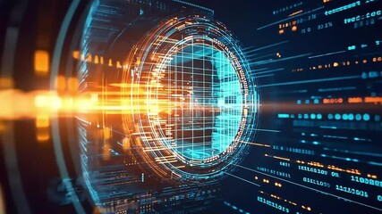 Abstract futuristic tunnel with glowing lines and binary code patterns
