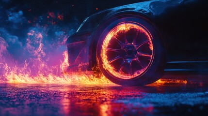 Leinwandbilder - Creative abstract background showcasing a glowing car wheel leaving a vibrant trail of neon gasoline colors at high speed