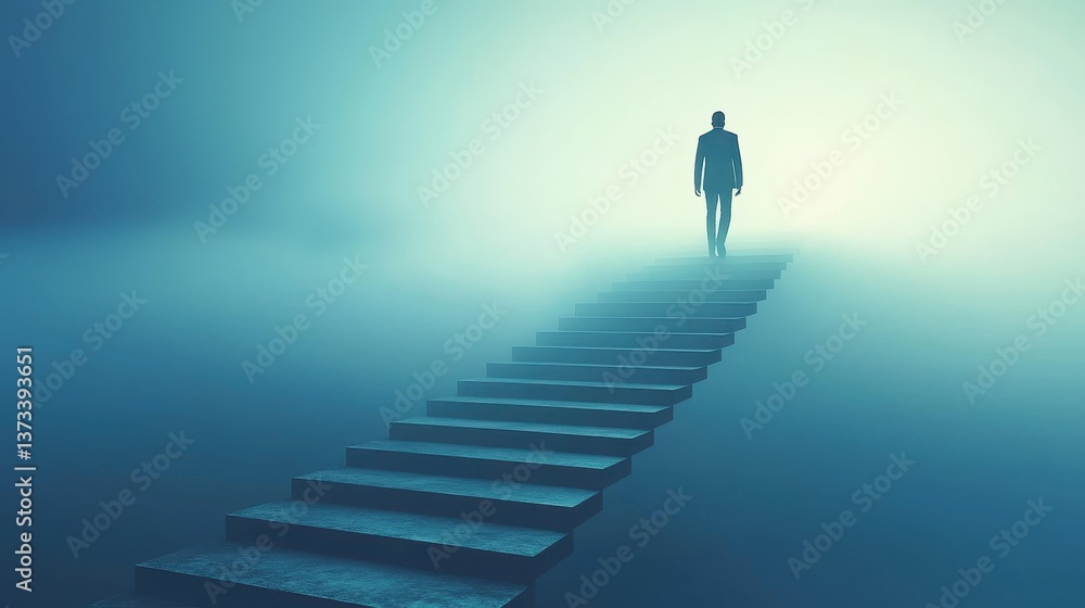 Mysterious figure walking upstairs foggy environment digital art surreal concept