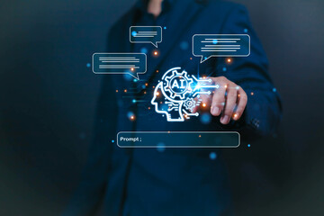 businessman pointing at ai chat in of front him. showcasing the genius of advanced technology, chat 