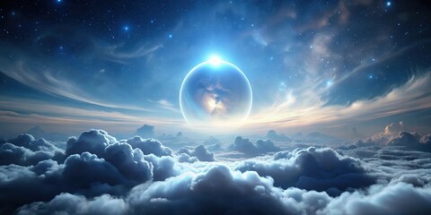 Wall Mural - celestial orb ascending above a sea of clouds under a starry night sky