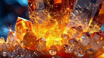 Wall Mural - Glowing orange crystals display vivid luminescence amidst dark and shimmering surroundings