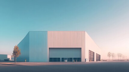 Poster - Modern industrial building, minimalist architecture, clear sky, sunrise.