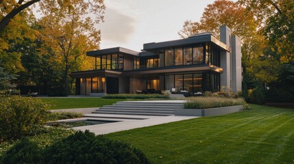Aufkleber - Modern luxury home with expansive backyard, showcasing autumnal foliage and sleek architecture.