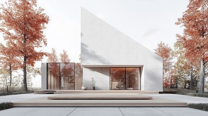 Poster - Modern minimalist concrete house with wooden deck, surrounded by autumn trees.
