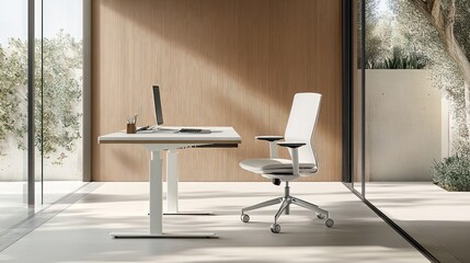 Aufkleber - Modern minimalist home office with standing desk, white chair, and natural light.