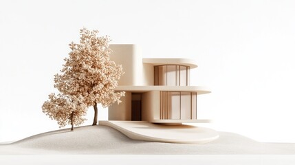 Aufkleber - Modern minimalist house architectural model with trees on a sand dune against white background.