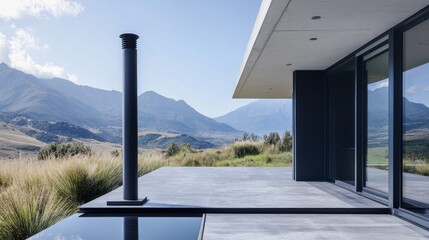 Aufkleber - Modern minimalist house deck with mountain view, sleek design, large windows, and reflecting pool.