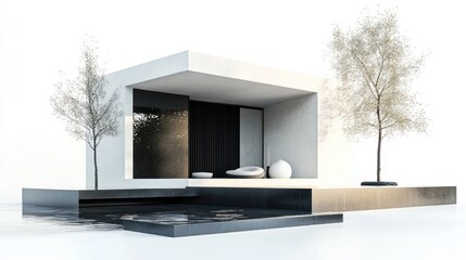 Aufkleber - Modern minimalist house design with pool and trees.