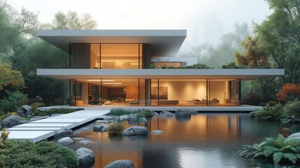 Aufkleber - Modern minimalist house nestled in a lush garden with a reflecting pond and stepping stones.