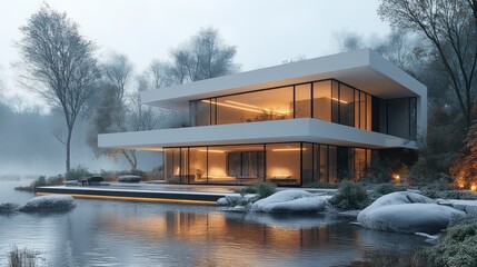 Aufkleber - Modern, minimalist house on a snowy lake at dusk.