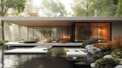 Aufkleber - Modern minimalist house with a pond and garden.