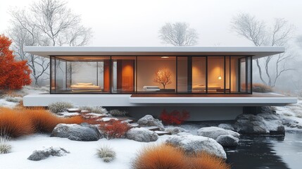 Aufkleber - Modern minimalist house with glass walls, nestled in snowy winter landscape with autumnal plants.