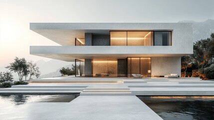 Aufkleber - Modern minimalist house with infinity pool, sunset view.
