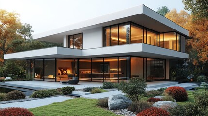 Aufkleber - Modern minimalist house with large windows, showcasing interior lighting at dusk, nestled in a landscaped garden.