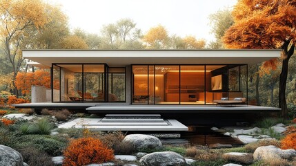 Aufkleber - Modern minimalist house with large windows, situated in an autumnal forest landscape, featuring a tranquil pond and zen garden.