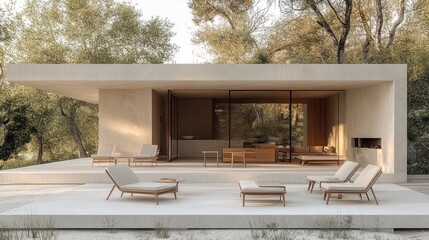 Aufkleber - Modern minimalist house with outdoor patio furniture, featuring light beige walls and wooden accents.